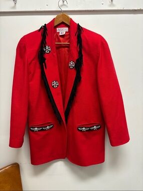 Red Fringe-Trim Wool Blazer with handmade native themed beadwork.